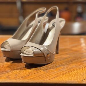 G by Guess Cream Heels with Peep-Toe Slingback Design and High Wedge Heel